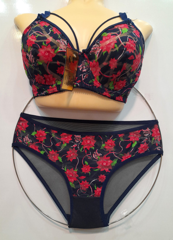 زمبنه سورمه ای با گلهای قرمز